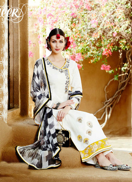 White and black embroidery work global desi salwar - New India Fashion