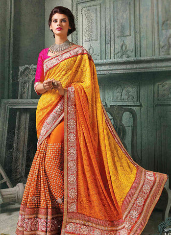 Yellow & pink elegant net bridal saree - New India Fashion