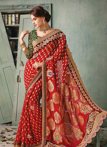 Red & green decent bridal saree - New India Fashion