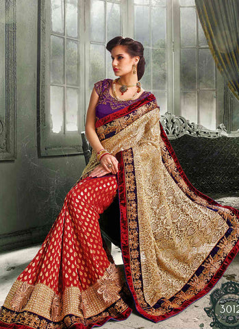 Cream & red decent net bridal saree - New India Fashion