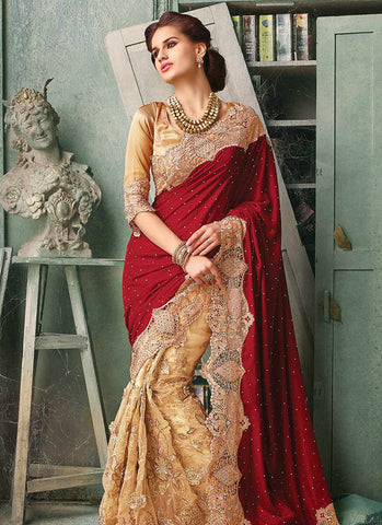 Red & cream elegant net bridal saree - New India Fashion