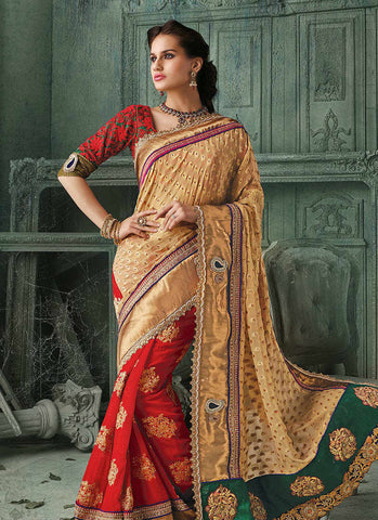 Golden & red decent net bridal saree - New India Fashion