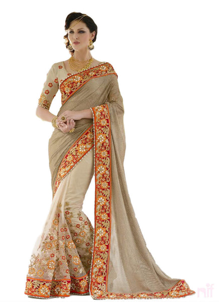 White and Beige shaded saree - New India Fashion