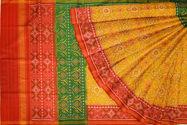 Patola saree in red,green and yellow combination
