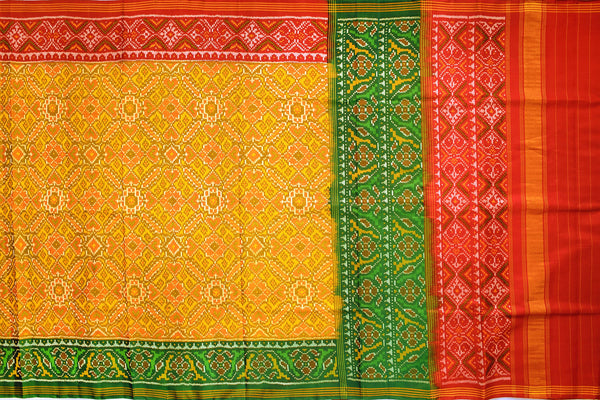 Patola saree in red,green and yellow combination