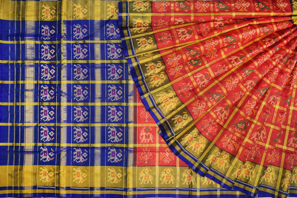 Patola saree in zari checks with red and blue combination