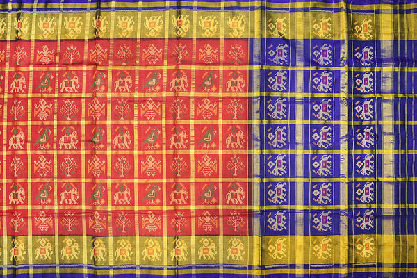 Patola saree in zari checks with red and blue combination