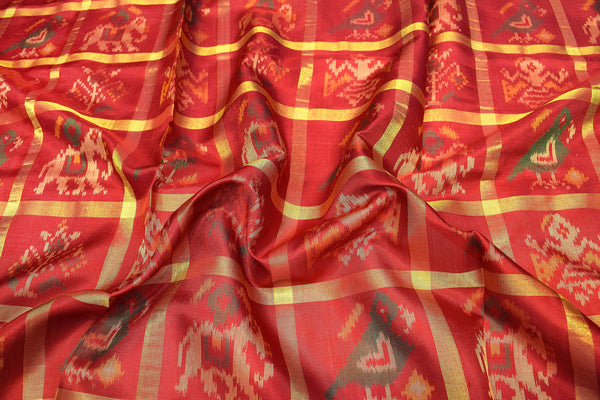 Patola saree in zari checks with red and blue combination