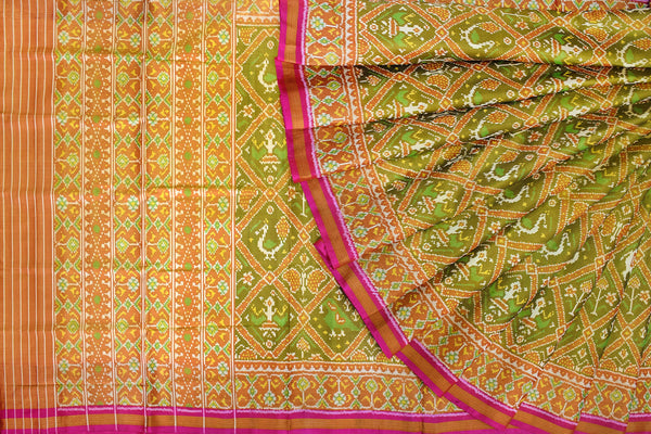 Patola saree in yellow and parrot green combination