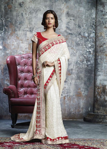 Designer embroidered border short sleeve round neck plain saree - New India Fashion