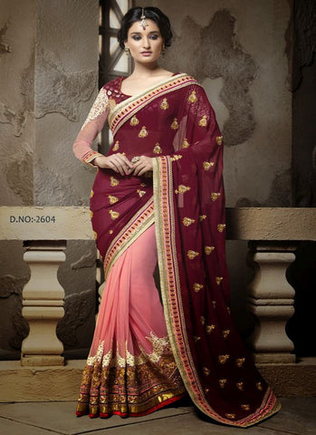 Phenomenal Pink and Wine Red Saree - New India Fashion