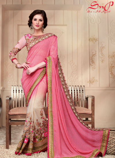 Pink and white shaded Saree - New India Fashion