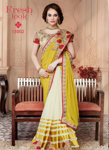 Yellow and white Saree - New India Fashion