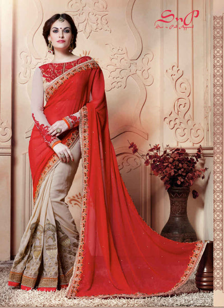 Red and beige Saree - New India Fashion