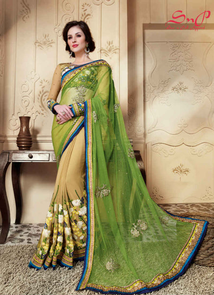 Parrot and beige Saree - New India Fashion