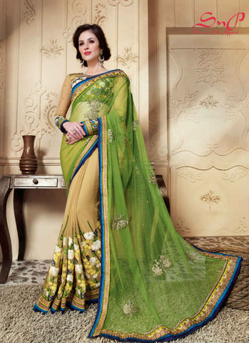 Parrot and beige Saree - New India Fashion