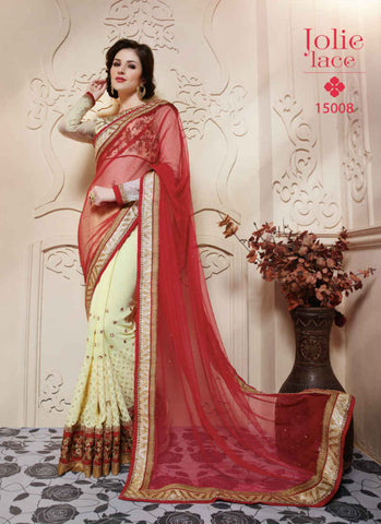 Red and off white Saree - New India Fashion
