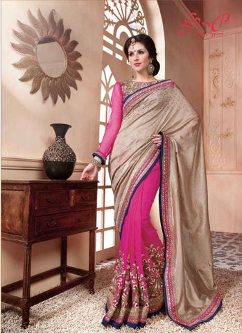 Beige and pink Saree - New India Fashion