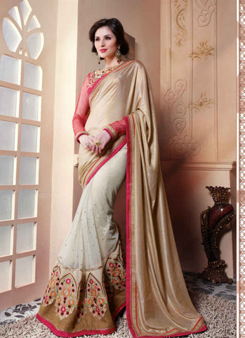 Beige and white Saree - New India Fashion