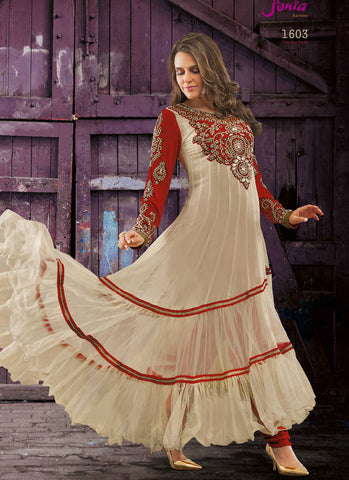 White red nice combination chiffon material contrast embroidery work elegant full sleeve floral churidar dress - New India Fashion