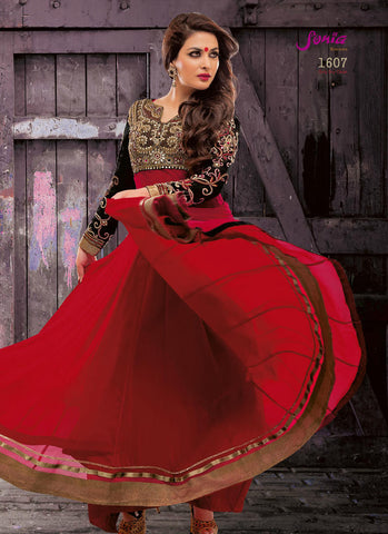 Red black rich combination chiffon material contrast embroidery patch work decent full sleeve floral churidar dress - New India Fashion