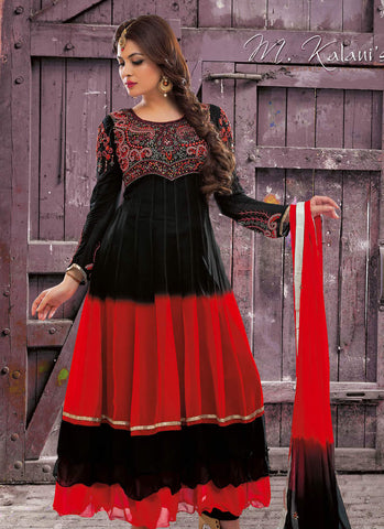 Red black fine combination chiffon material contrast embroidery work elegant full sleeve floral churidar dress - New India Fashion
