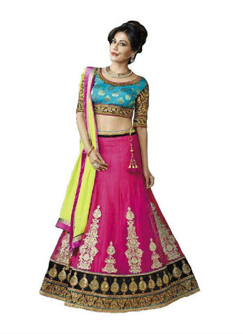 Rani pink & yellow indian lehenga choli - New India Fashion