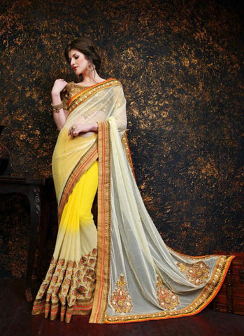 Cream and yellow shaded  sarees - New India Fashion