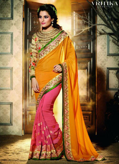 Mustard and pink georgette  saree - New India Fashion