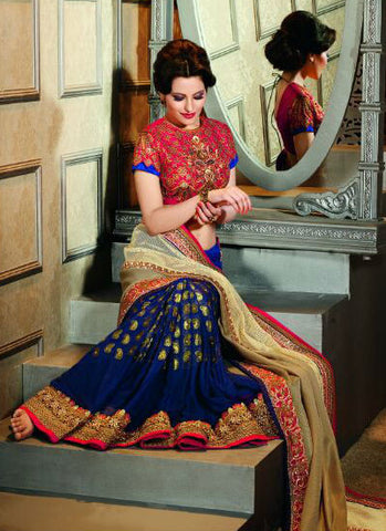 Blue cream georgette  saree - New India Fashion