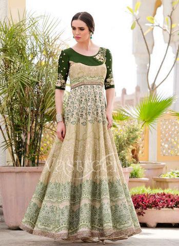 Green and cream lehenga saree - New India Fashion