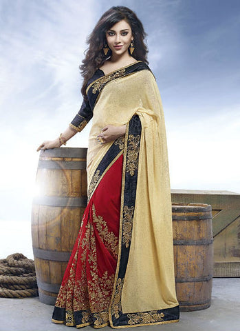 Cream and red  vishal saree - New India Fashion
