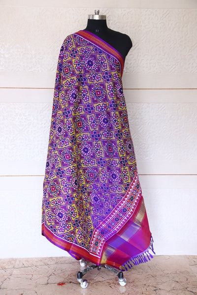 Semi double ikat dupatta in Yellow and Purple colour with traditional navratna and manekchowk design