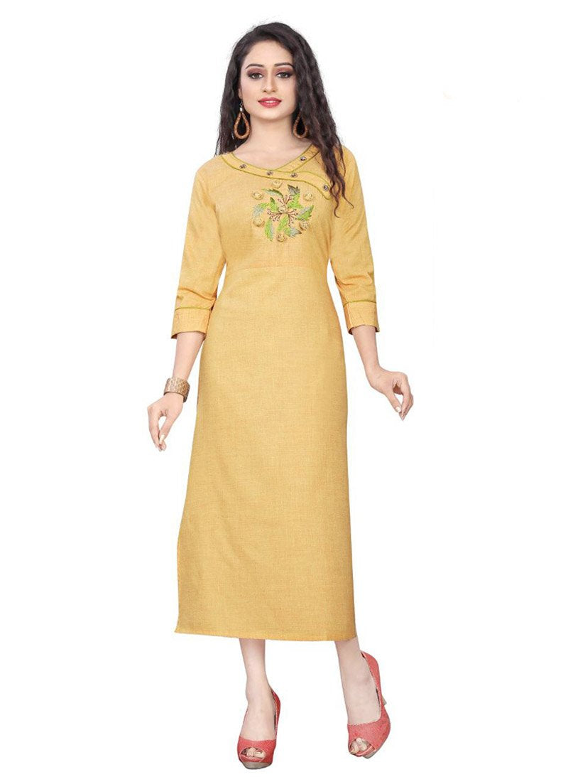 Designer Yellow Trail Cut Kurtis | Crossed Print at Rs.375/Piece in pune  offer by Drapdaily