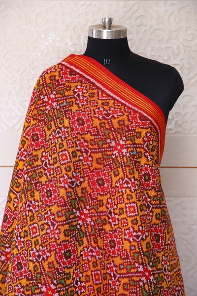 Semi double ikat dupatta in traditional navratna design with Red and Golden colour