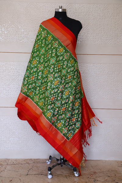Single ikat dupatta in traditional Navratna design in Parrot Green and Red combination