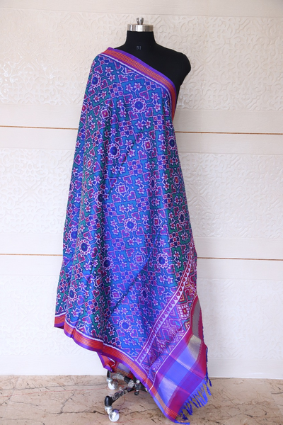 Semi double ekat dupatta in purple and Green colour with traditional mnaekchowk and navratna mix design
