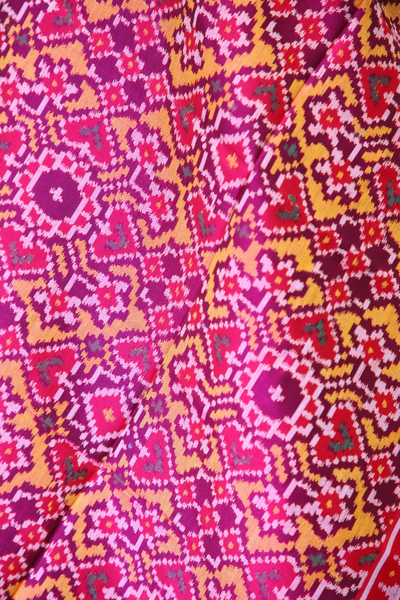 Semi double ikat dupatta in Pink and Yellow colour with traditaional navratna and Manekchowk mix design