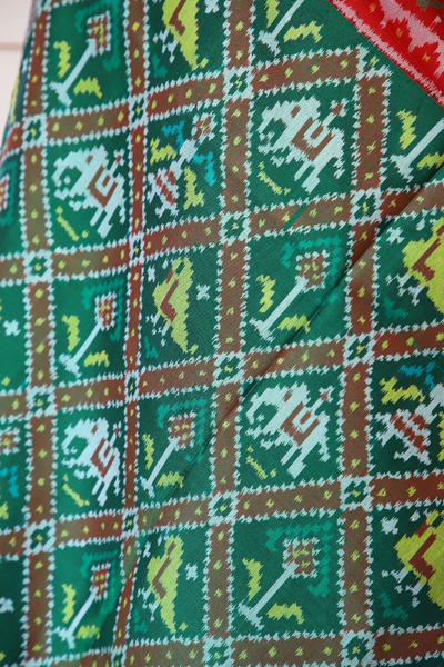 Semi double ikat dupatta in Green ans Red colour with traditional Narikunj design
