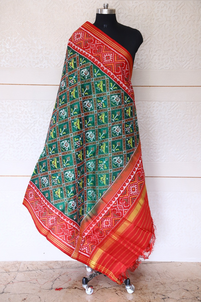 Semi double ikat dupatta in Green ans Red colour with traditional Narikunj design