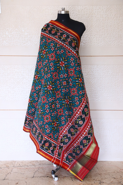 Semi double ikat dupatta in REd and Morpichha colour with traditional navratna design