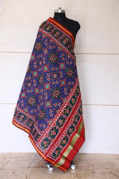 Semi double ikat dupatta in Red and Blue colour with traditional manekchowk design