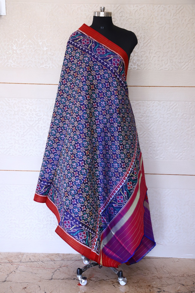Semi double ikat dupatta in Blue and Red colour with traditional buttonfull design