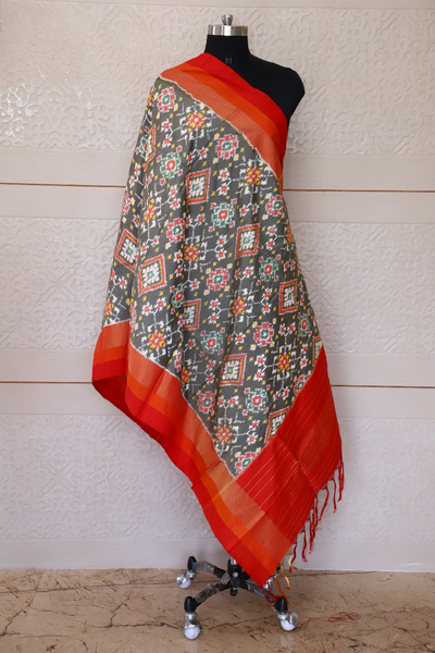 Single ikat dupatta in Black,White and Red combination in traditional Navratna design