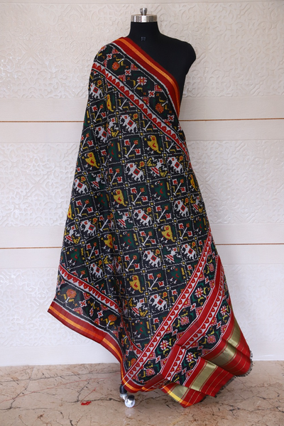Semi double ikat dupatta in traditional Narikunj design with Red and Black colour