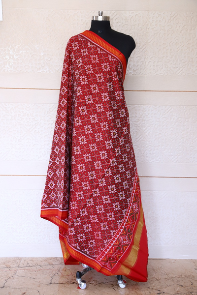 Semi double ikat dupatta in Red colour with fancy design