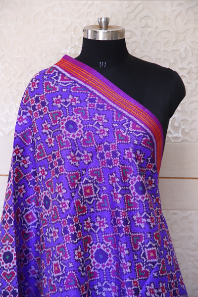 Semi double ikat dupatta in traditional Manekchowk and Navratna design with Purple and Pink colour