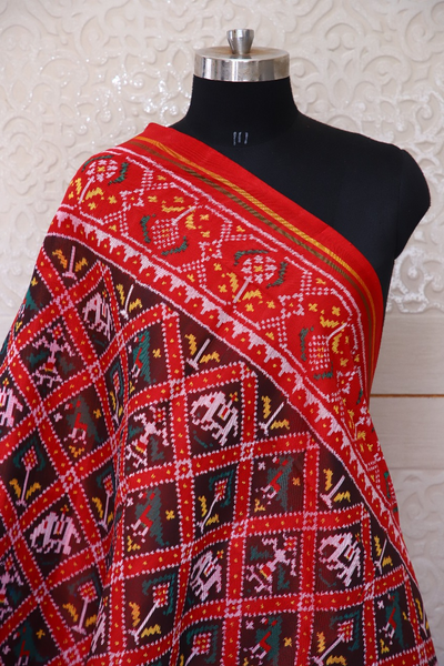 Semi double ikat dupatta in traditional Hathi Popat design in red and brown colour