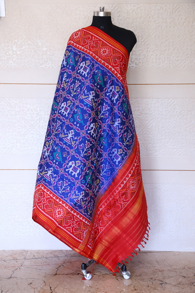 Semi double ikat dupatta in Blue and Red colour with traditional sakdi Hathi Popat design