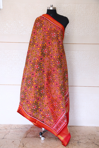 Semi double ikat dupatta in traditional navratna design with Red and Golden colour